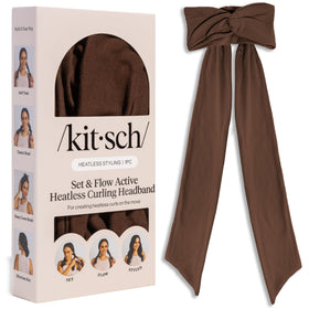 Kitsch front packaging chocolate brown headband shown, easy heatless styling benefit