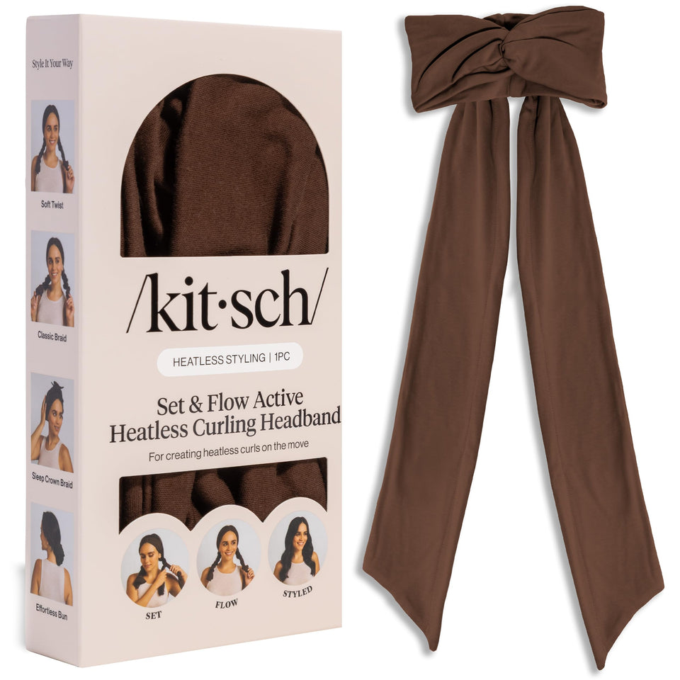 Kitsch front packaging chocolate brown headband shown, easy heatless styling benefit