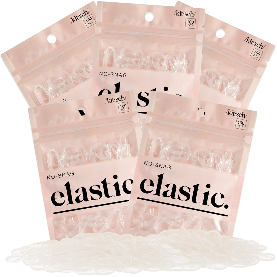 Kitsch front packaging of 500 clear elastics shows bulk supply benefit
