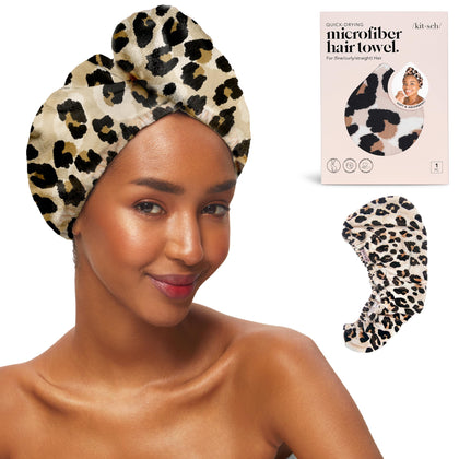 Kitsch front view of leopard hair towel showing pattern and compact shape, fast drying benefit