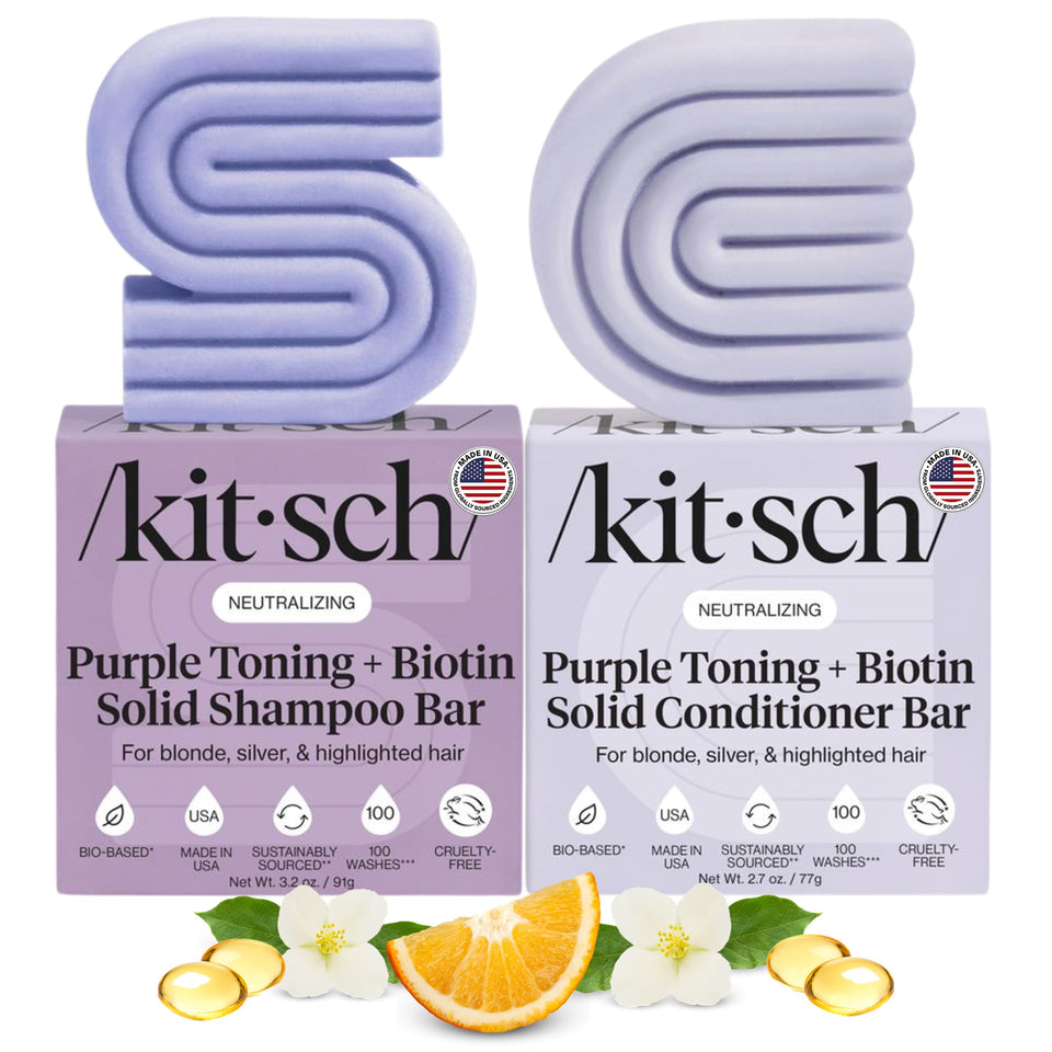 Kitsch front packaging showing purple shampoo and conditioner bars, eco-friendly benefit