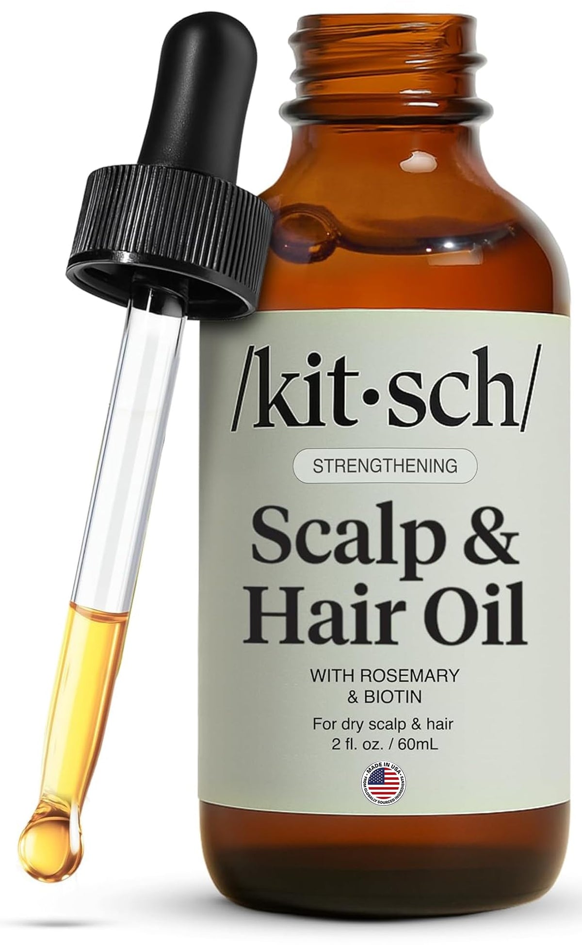 Kitsch front bottle packaging showing rosemary hair oil, clear labeling and size benefit