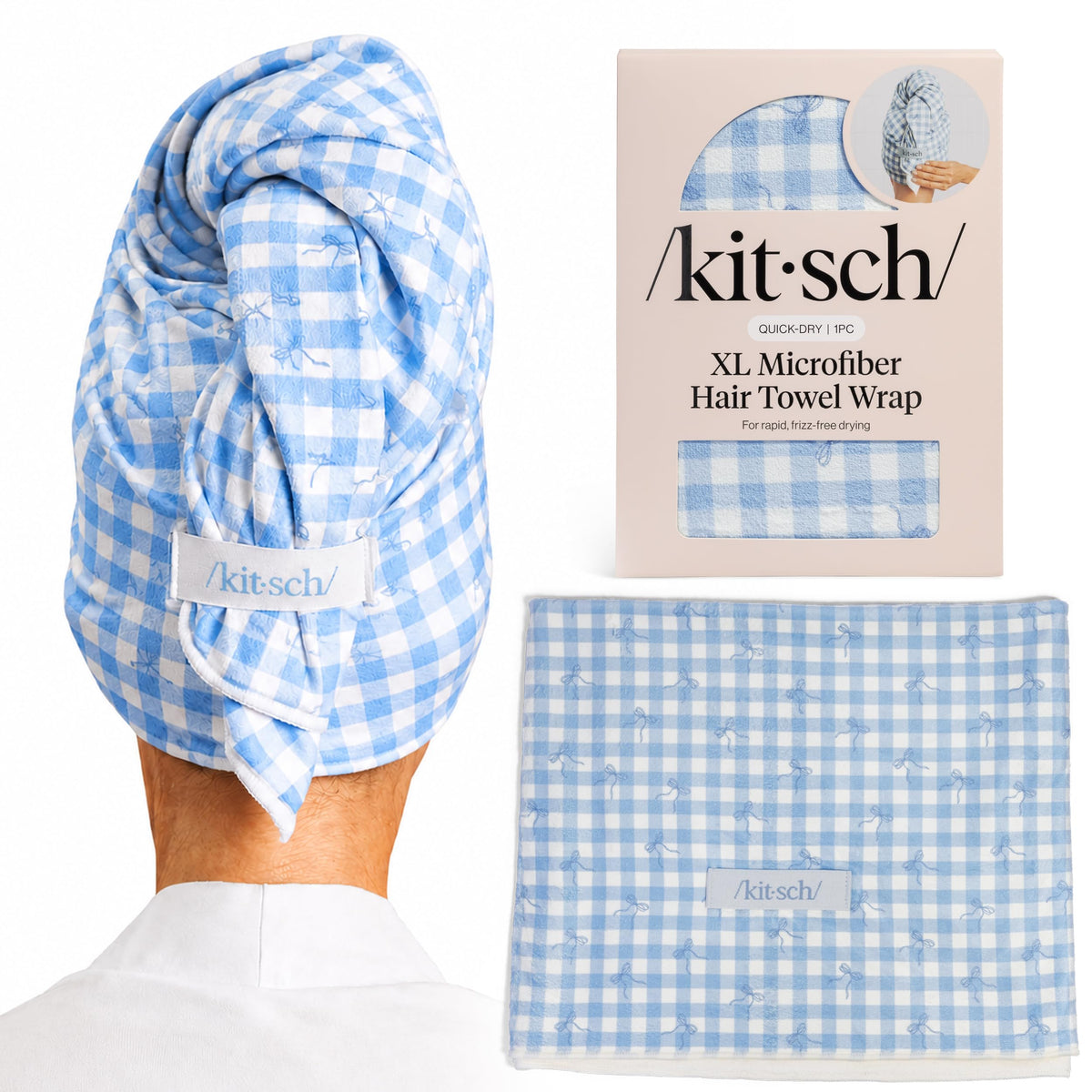 Kitsch front view of gingham blue wrap showing absorbent design and quick drying benefit
