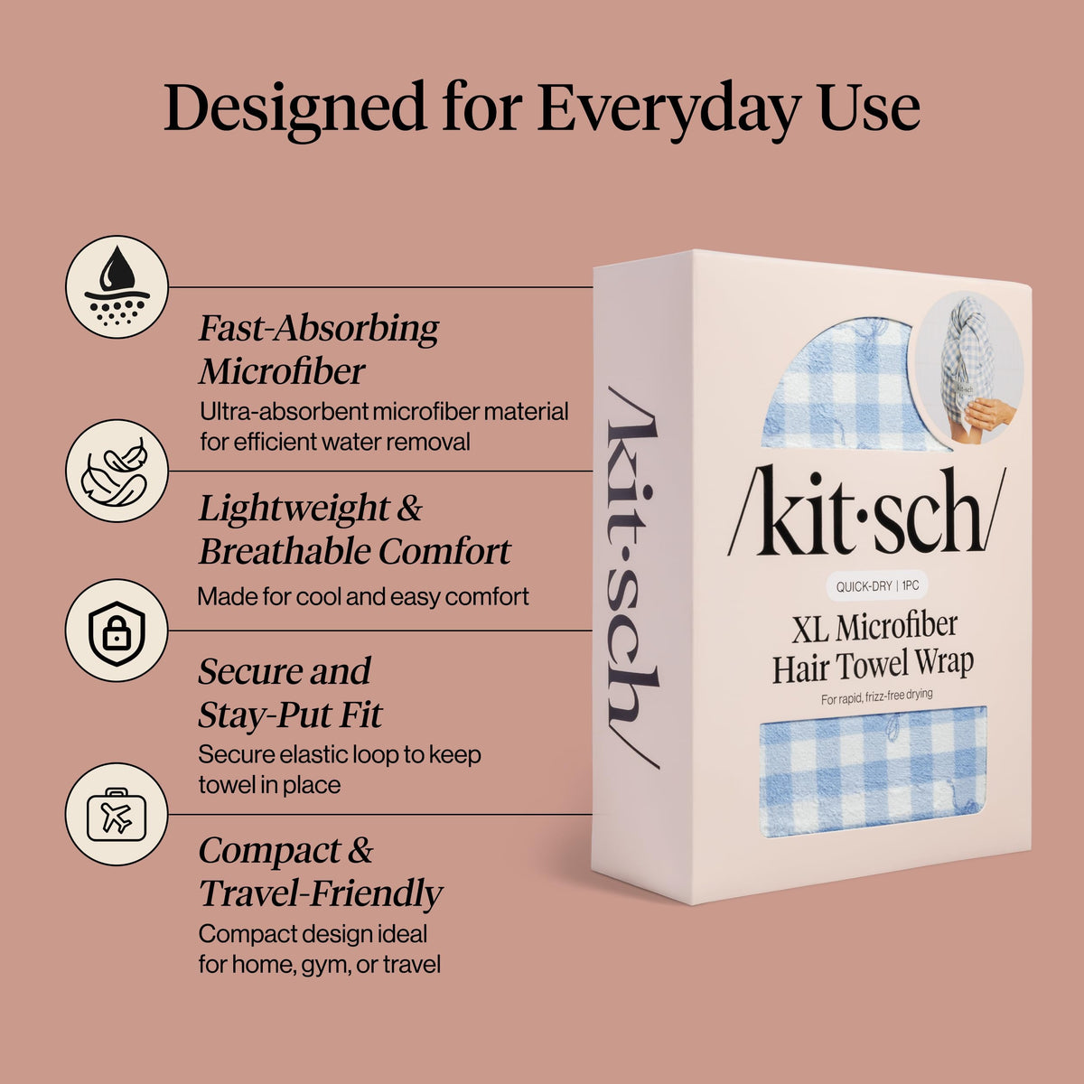 Kitsch wrapped on head demonstrating secure fit and reduced frizz benefit