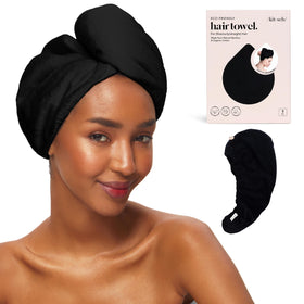 Kitsch front view of black towel wrap showing compact shape and ease