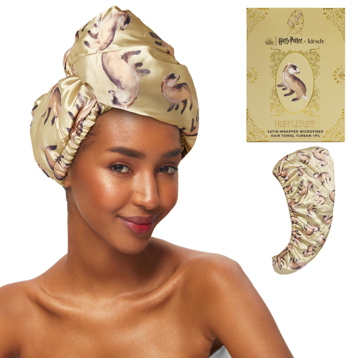 Kitsch Hufflepuff front packaging showing towel and crest, appeals to fans