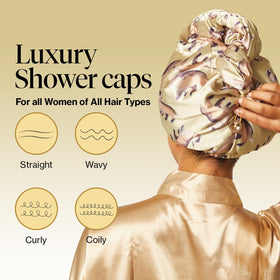 Kitsch towel wrapped on model's head, demonstrates secure comfortable hold