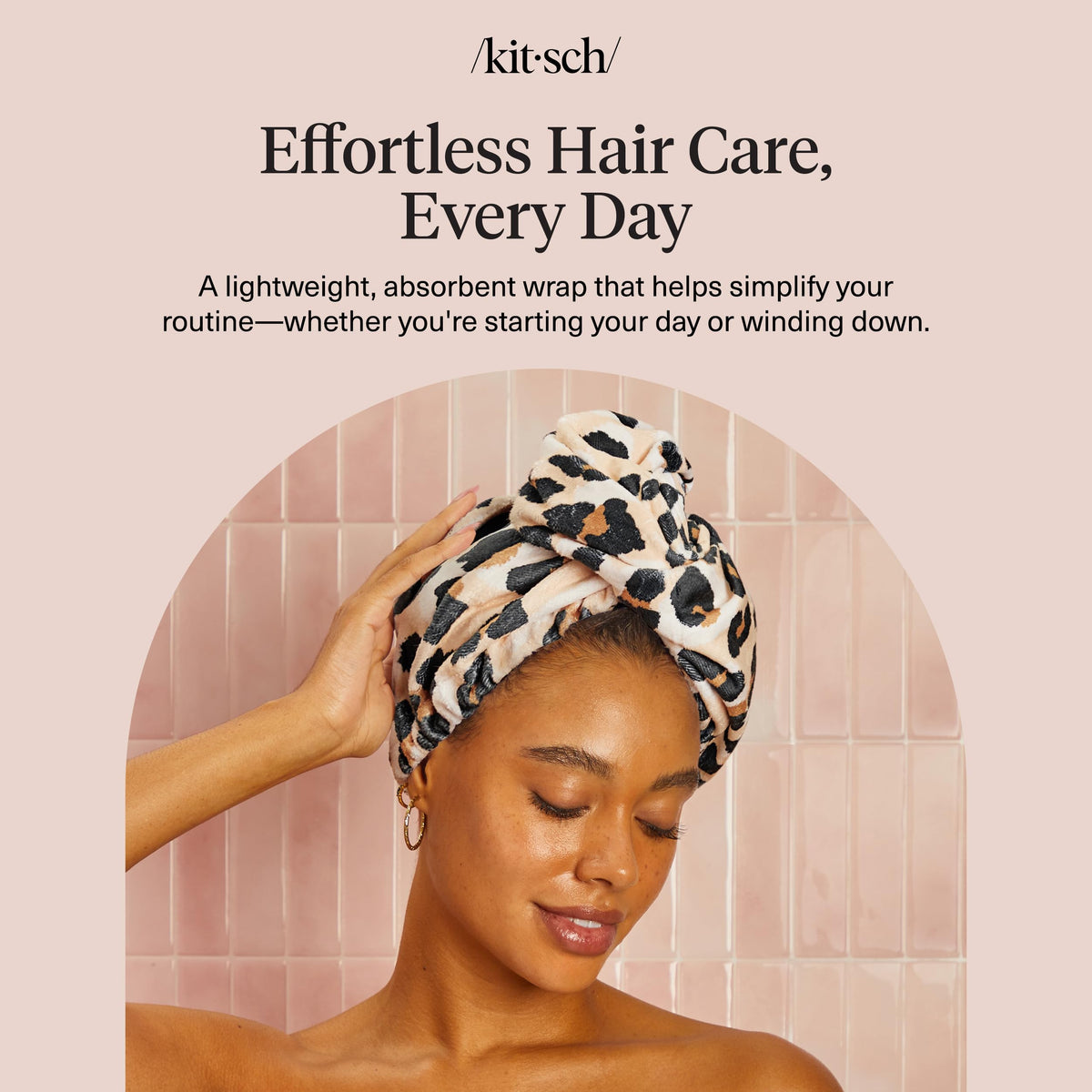 Kitsch leopard wrap staged on bathroom counter showing stylish grooming ritual convenience