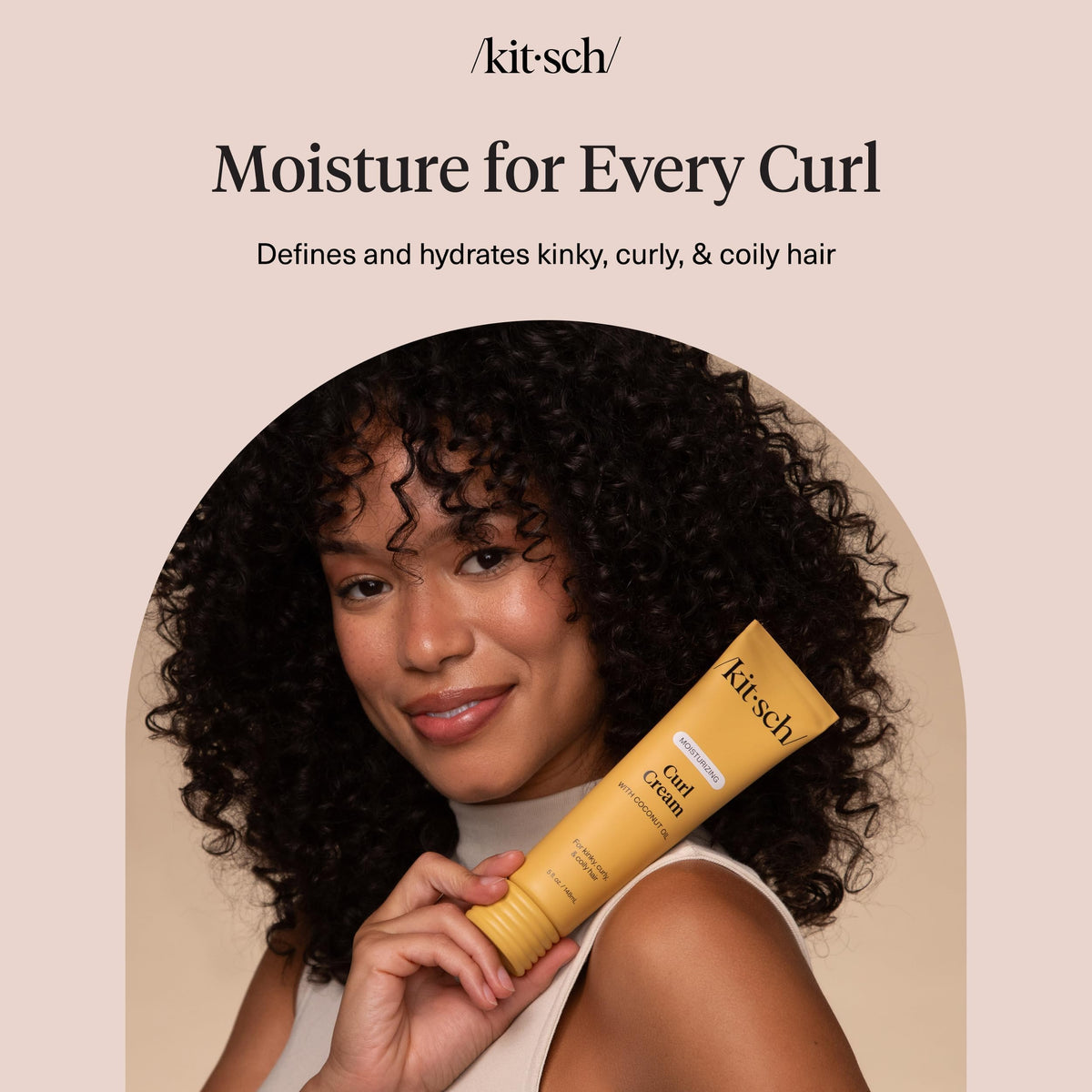 Kitsch lifestyle image of woman with defined, touchable curls