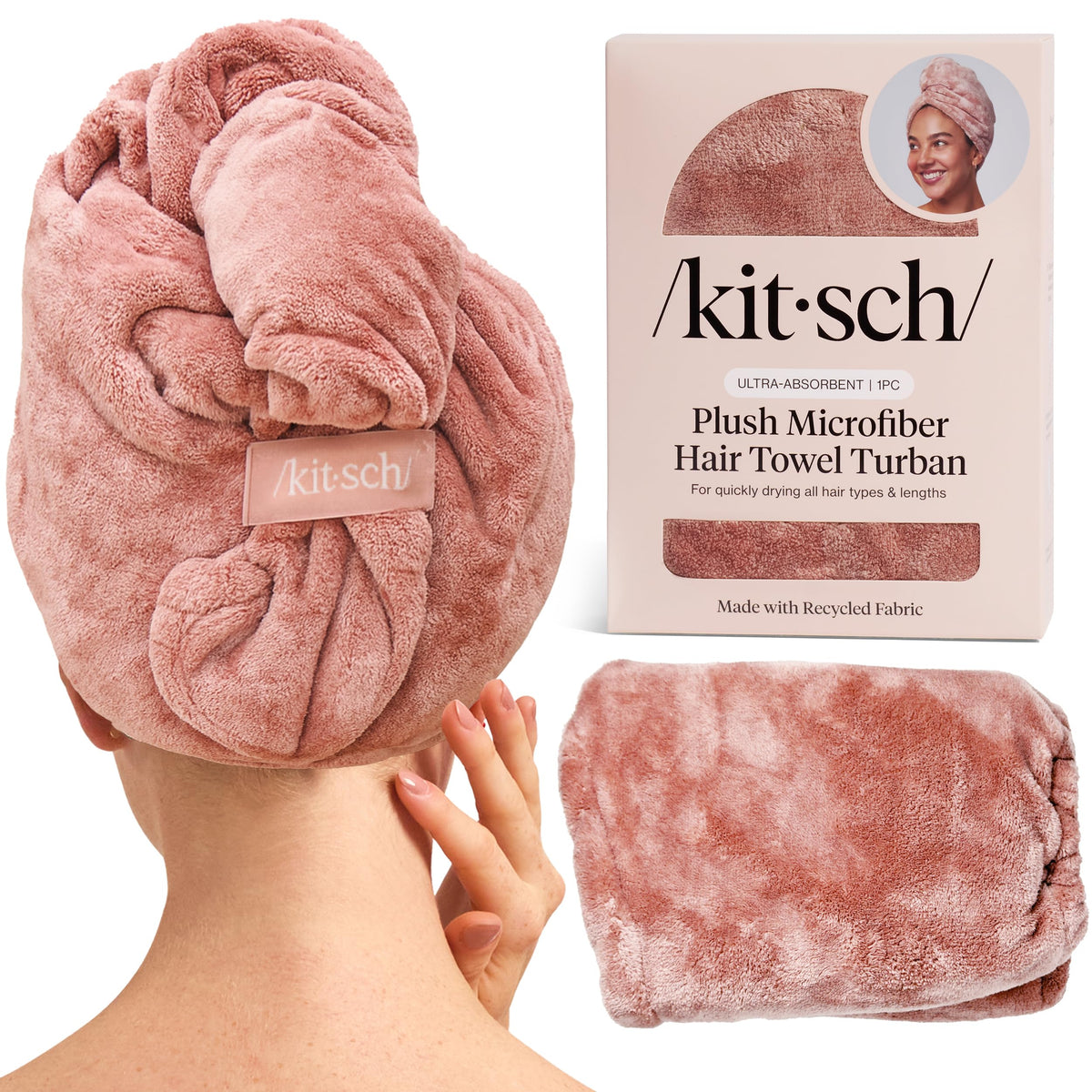Kitsch front view terracotta plush hair towel showing color and compact size benefit
