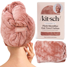 Kitsch front view terracotta plush hair towel showing color and compact size benefit
