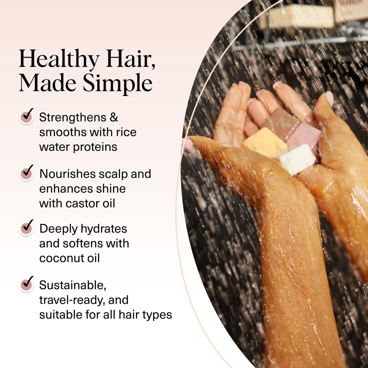 Kitsch rice water shampoo bar label visible highlighting strengthening benefit
