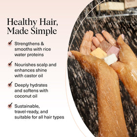 Kitsch rice water shampoo bar label visible highlighting strengthening benefit