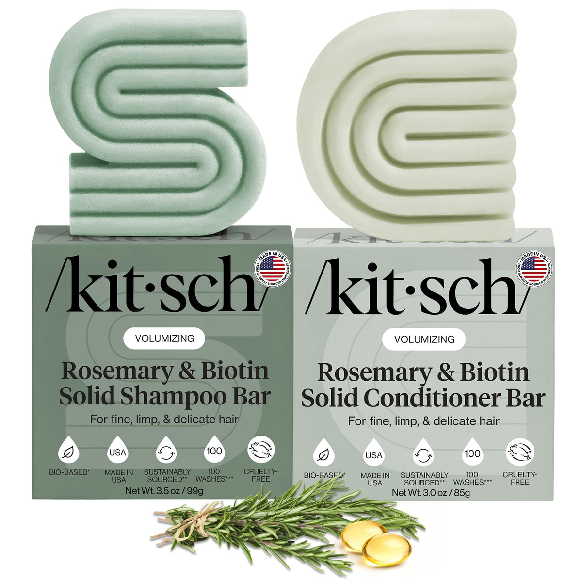 Kitsch front view of rosemary and biotin shampoo and conditioner set showing compact design and eco benefits