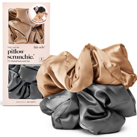 Kitsch charcoal and gold scrunchies front view showcasing smooth satin finish and stylish look