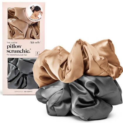 Kitsch charcoal and gold scrunchies front view showcasing smooth satin finish and stylish look