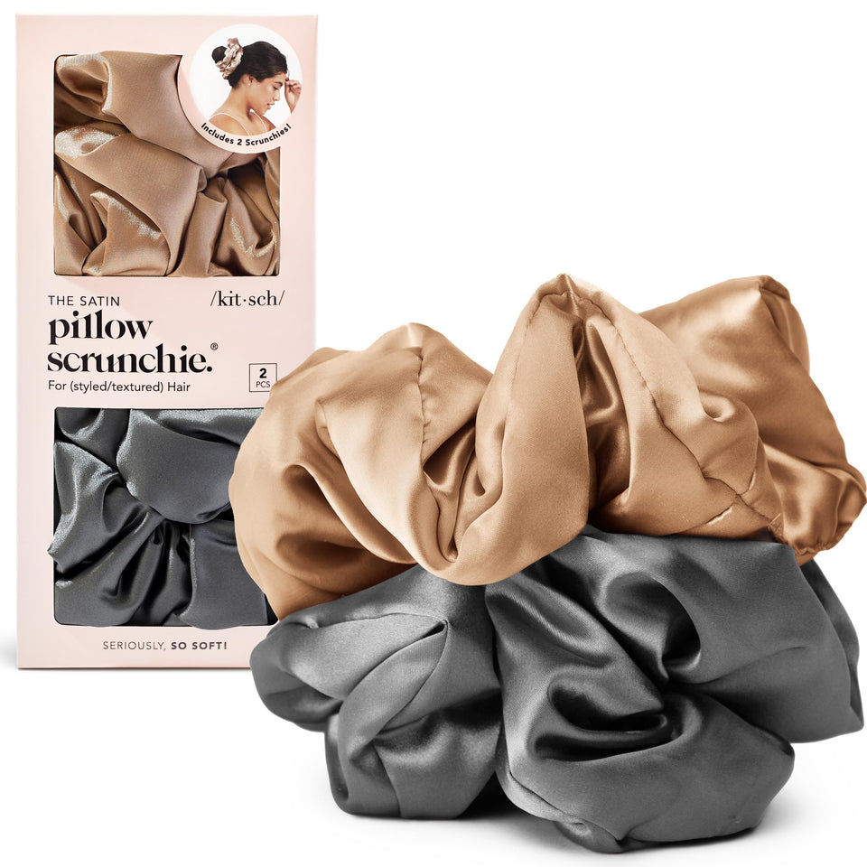 Kitsch charcoal and gold scrunchies front view showcasing smooth satin finish and stylish look