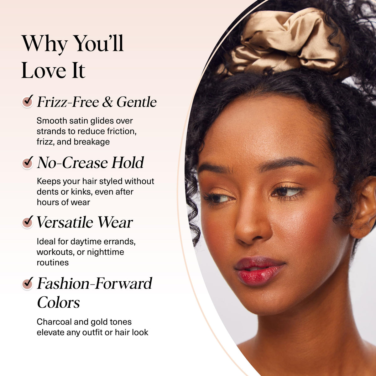 Kitsch scrunchie securing a high ponytail with gentle hold and minimized creases