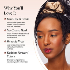 Kitsch scrunchie securing a high ponytail with gentle hold and minimized creases