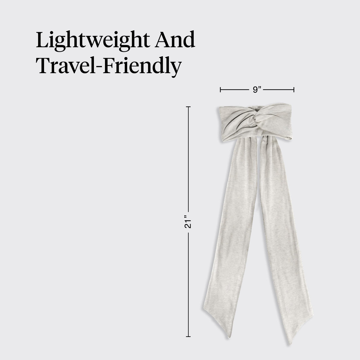 Kitsch headband next to a hand showing size and portability benefit