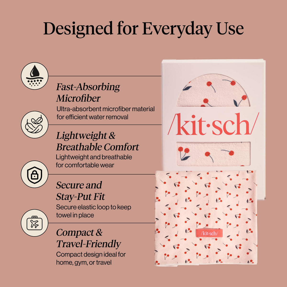 Kitsch towel wrap in use on model demonstrating secure hold and hands-free convenience