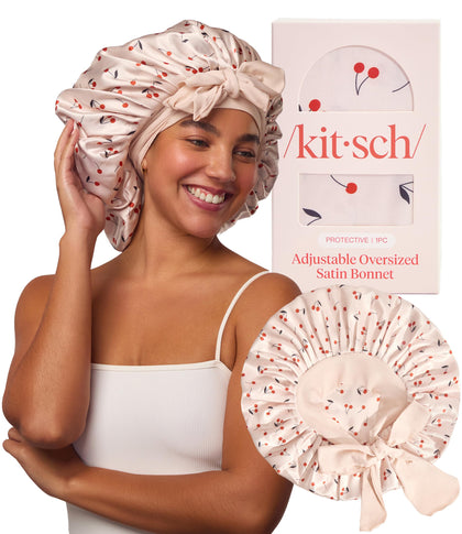 Kitsch bonnet front view cherry print shows stylish protection
