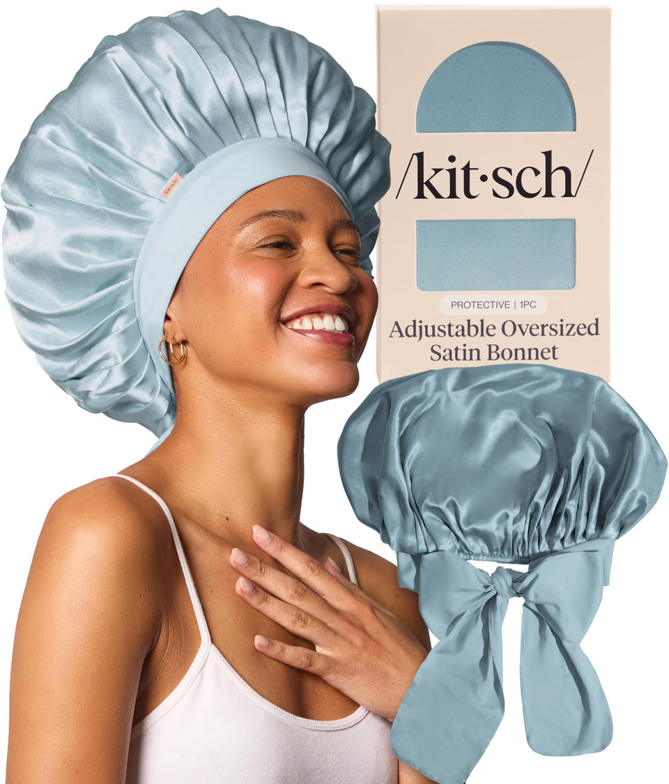 Kitsch bonnet front packaging showing haze blue color and secure fit benefits