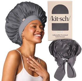 Kitsch bonnet front packaging shows charcoal satin and brand logo for protection