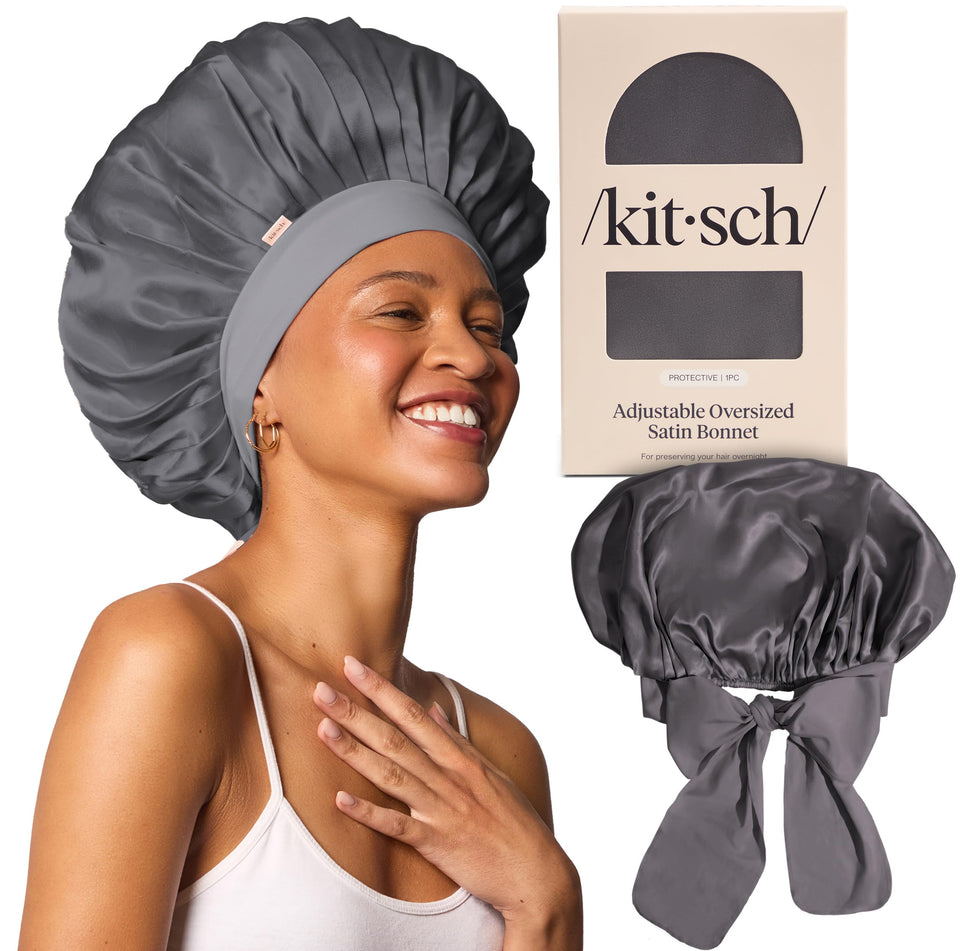 Kitsch bonnet front packaging shows charcoal satin and brand logo for protection