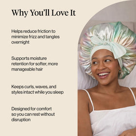 Kitsch bonnet worn on model with curly hair protecting curls overnight