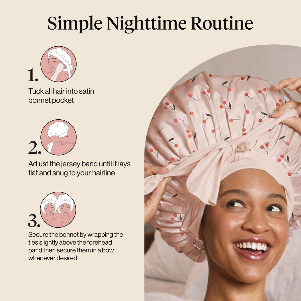 Kitsch bonnet on pillow lifestyle shot promotes frizz-free mornings