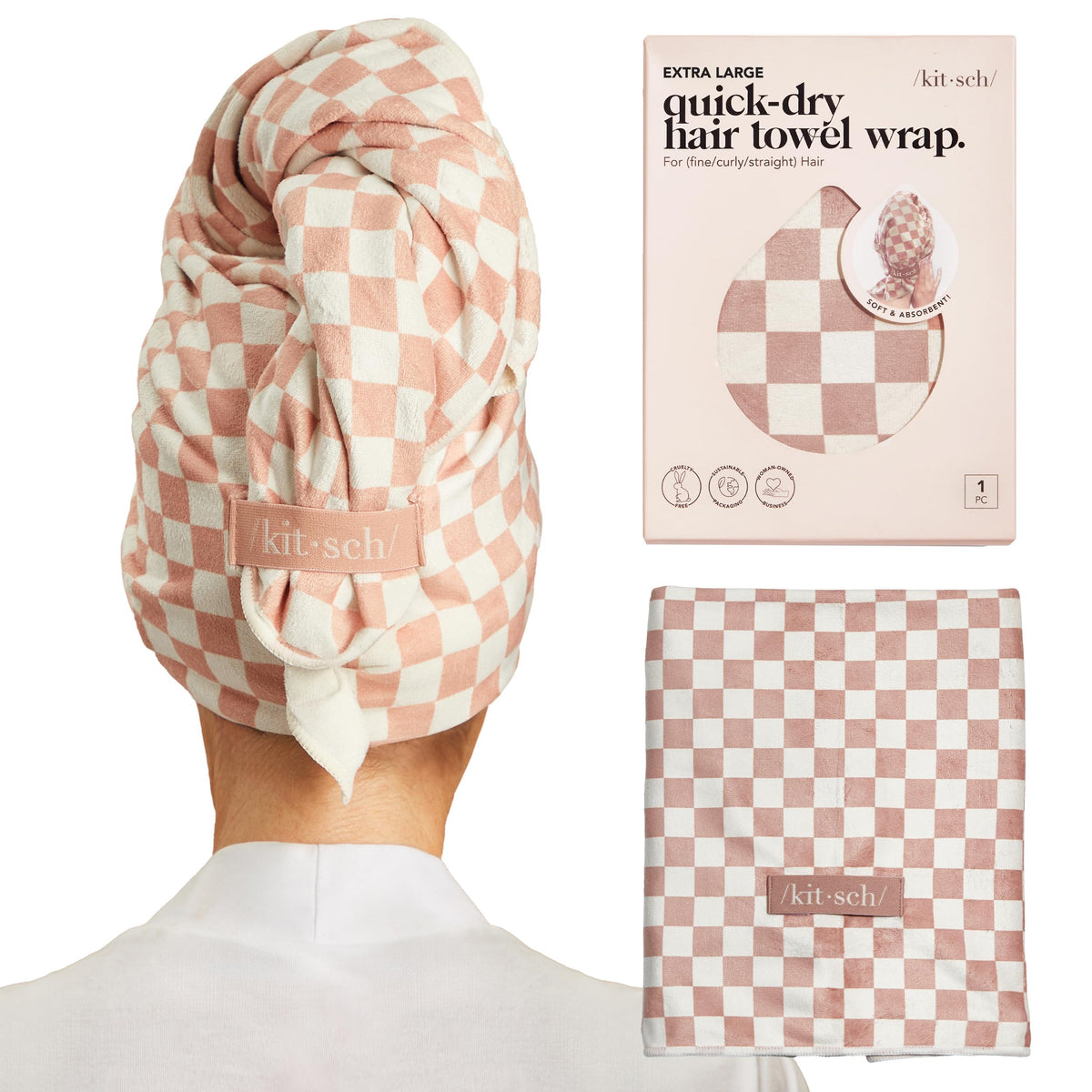 Kitsch front packaging showing terracotta checkered towel, highlights size and style
