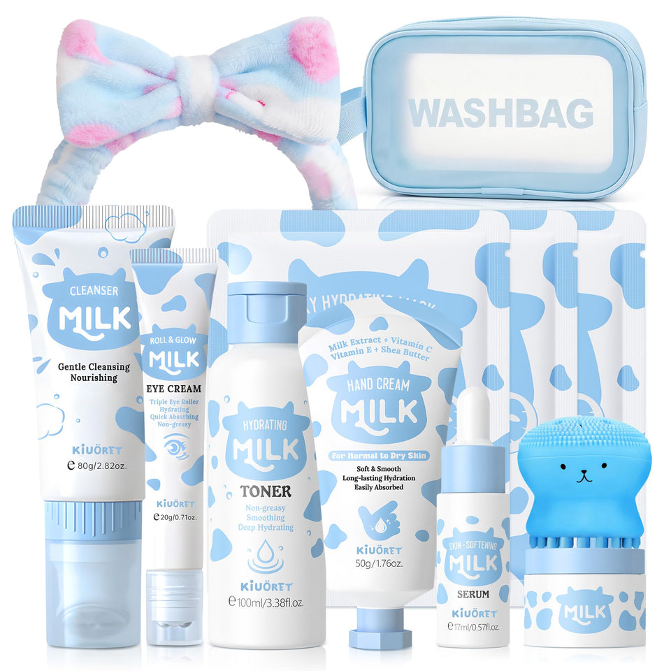 KIUORET front packaging of 12-piece milk skincare set promoting easy starter routine