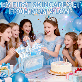 KIUORET skincare products staged on bathroom vanity for everyday tween routine