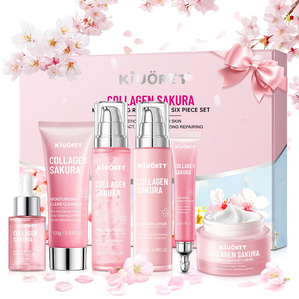 KIUORET front packaging of the 6-piece sakura set shows full routine benefits