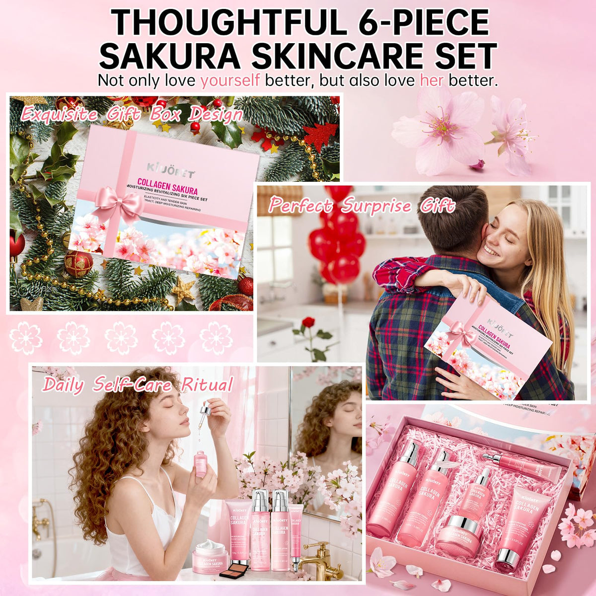 KIUORET cherry blossom and ingredients flatlay emphasizing botanical nourishment