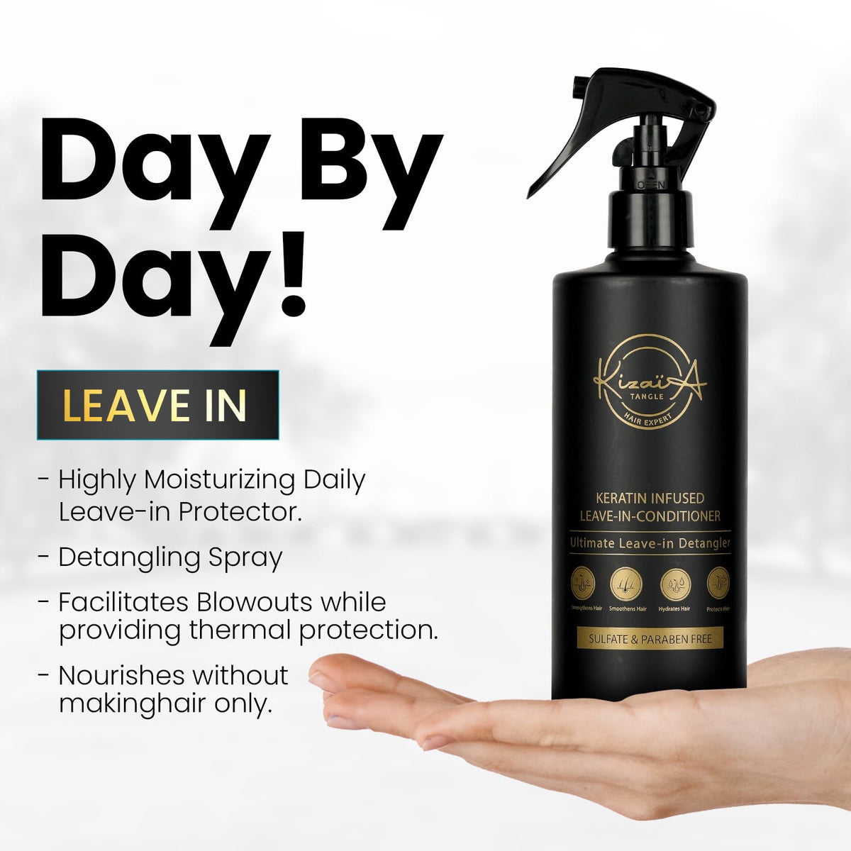 Kizaïa Tangle Hair Expert spray nozzle close-up for easy application benefit