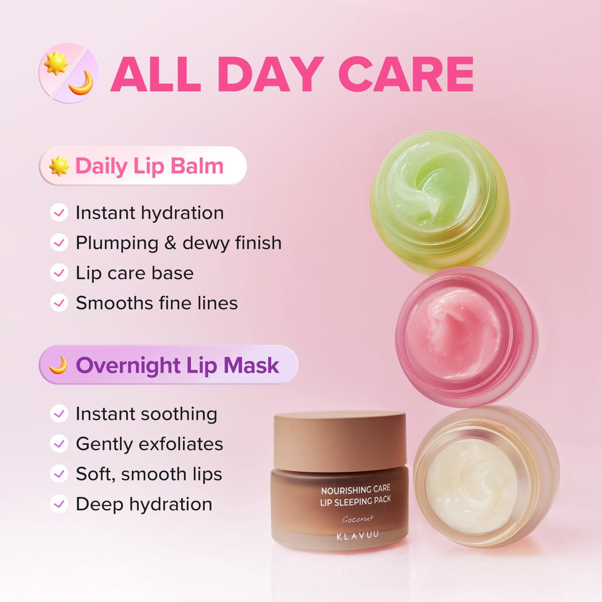 KLAVUU lip mask close-up label focused on formulation claims and gentle, dermatologist-tested benefits
