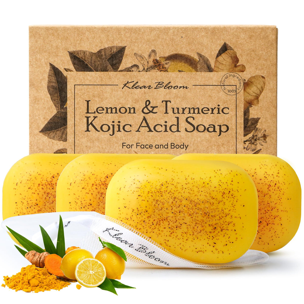 KlearBloom front packaging showing lemon turmeric soap for brightening