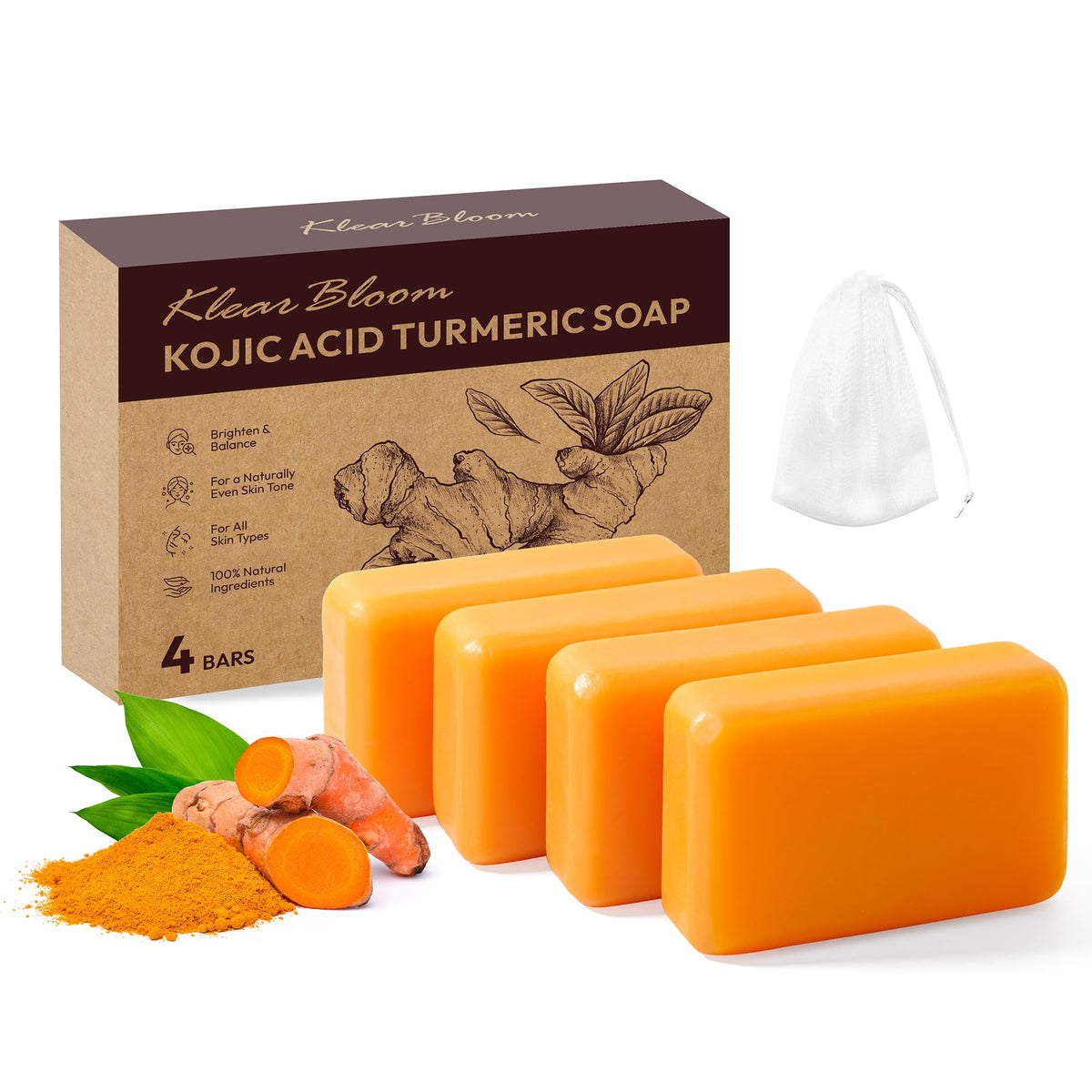 KlearBloom front packaging showing four brightening soap bars and product label for clarity