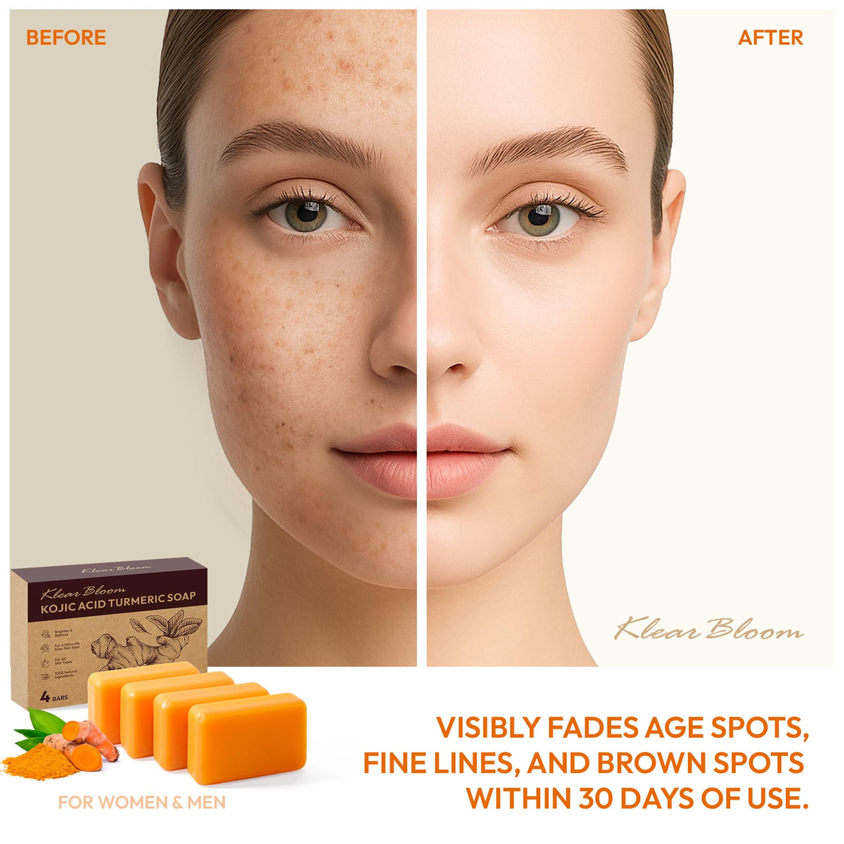 KlearBloom ingredient close-up highlighting turmeric and kojic acid for skin brightening