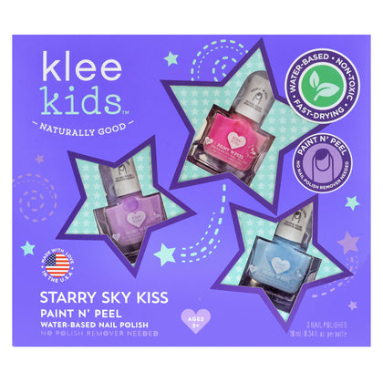 Klee Naturals front packaging showing the Starry Sky Kiss set and safe ingredients