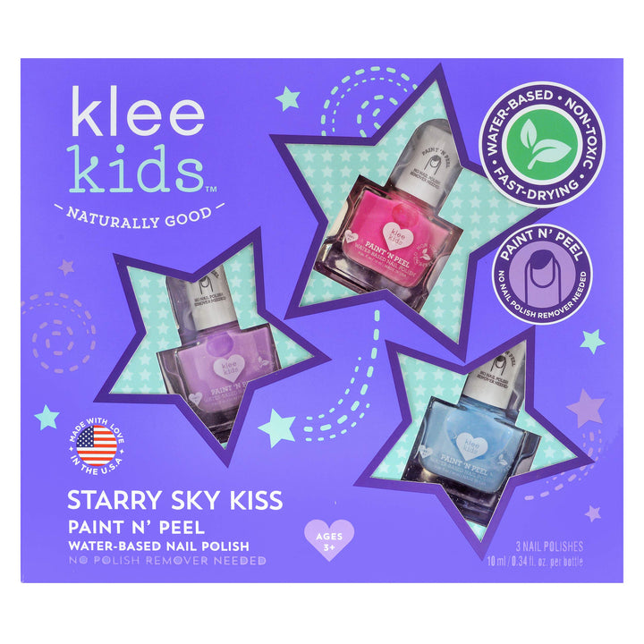 Klee Naturals front packaging showing the Starry Sky Kiss set and safe ingredients
