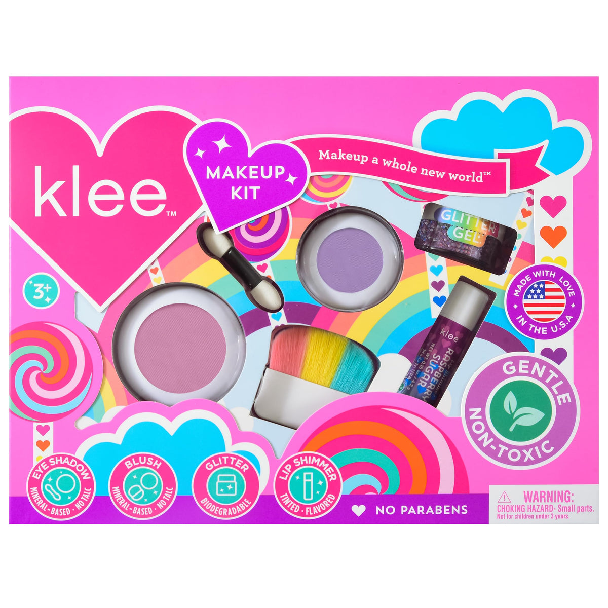 Klee Naturals front packaging showing the kid-friendly makeup kit and safe ingredients
