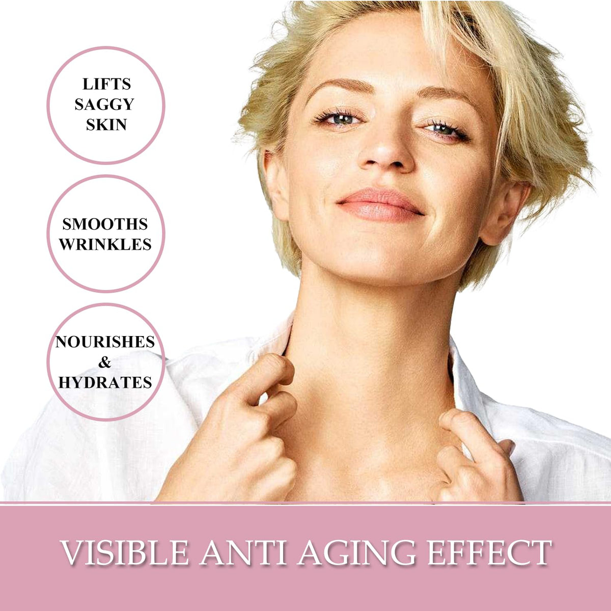 kleem organics lifestyle shot of model using cream on décolleté, conveys everyday confidence