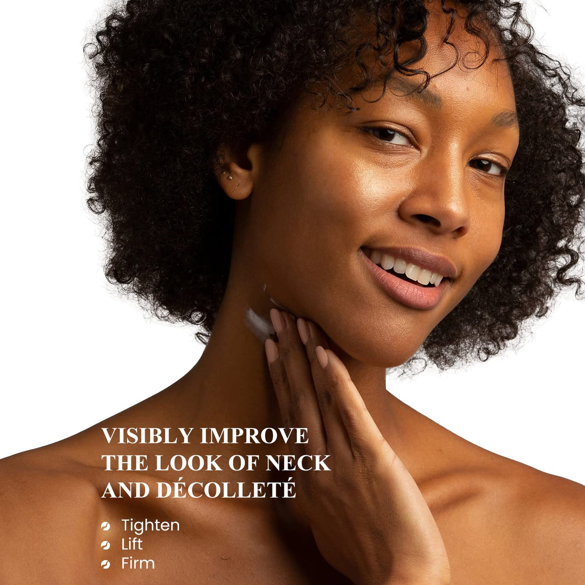 kleem organics applying cream to neck, demonstrates how to smooth product onto delicate skin