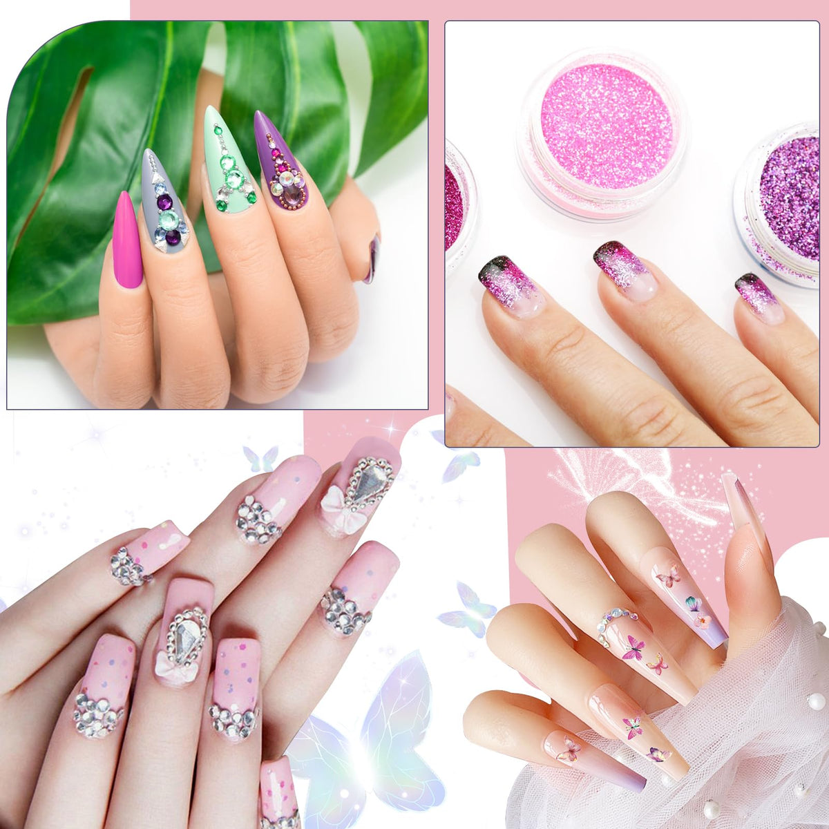 Klemon rhinestones and 3D charms on tray for decorating unique nail designs