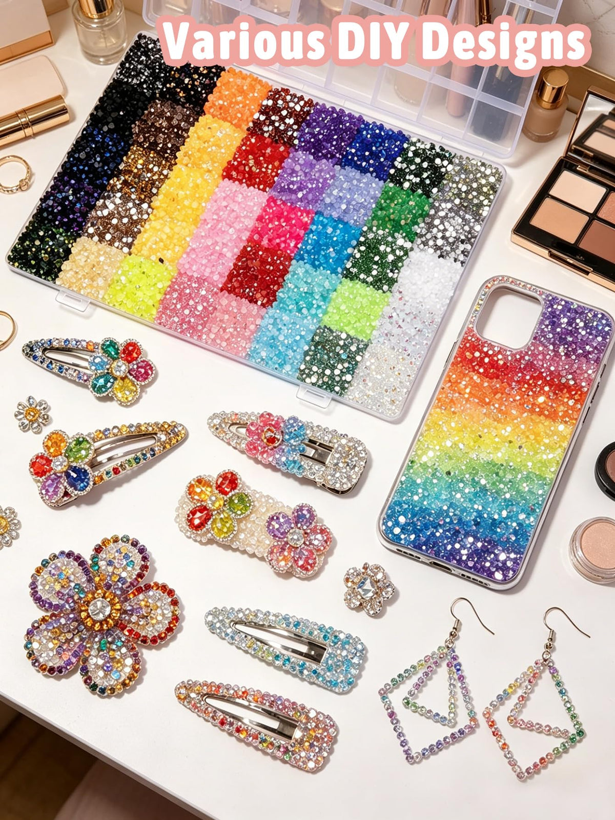 Klimonla overhead color swatch of 40 rhinestone shades for design variety