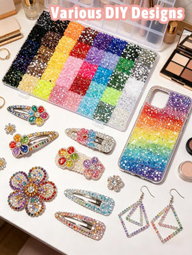 Klimonla overhead color swatch of 40 rhinestone shades for design variety