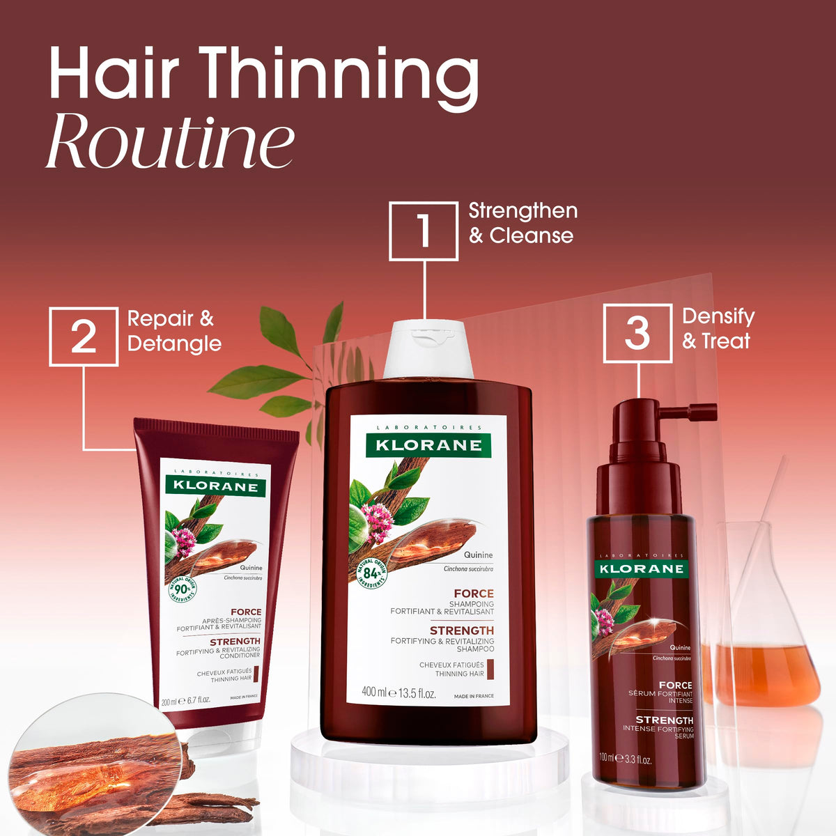 Klorane ingredients shot quinine and B vitamins highlighting strengthening support